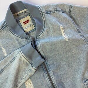 Levis Jacket Women's Large Light Wash Blue Denim Bomber Distressed Zip Jacket